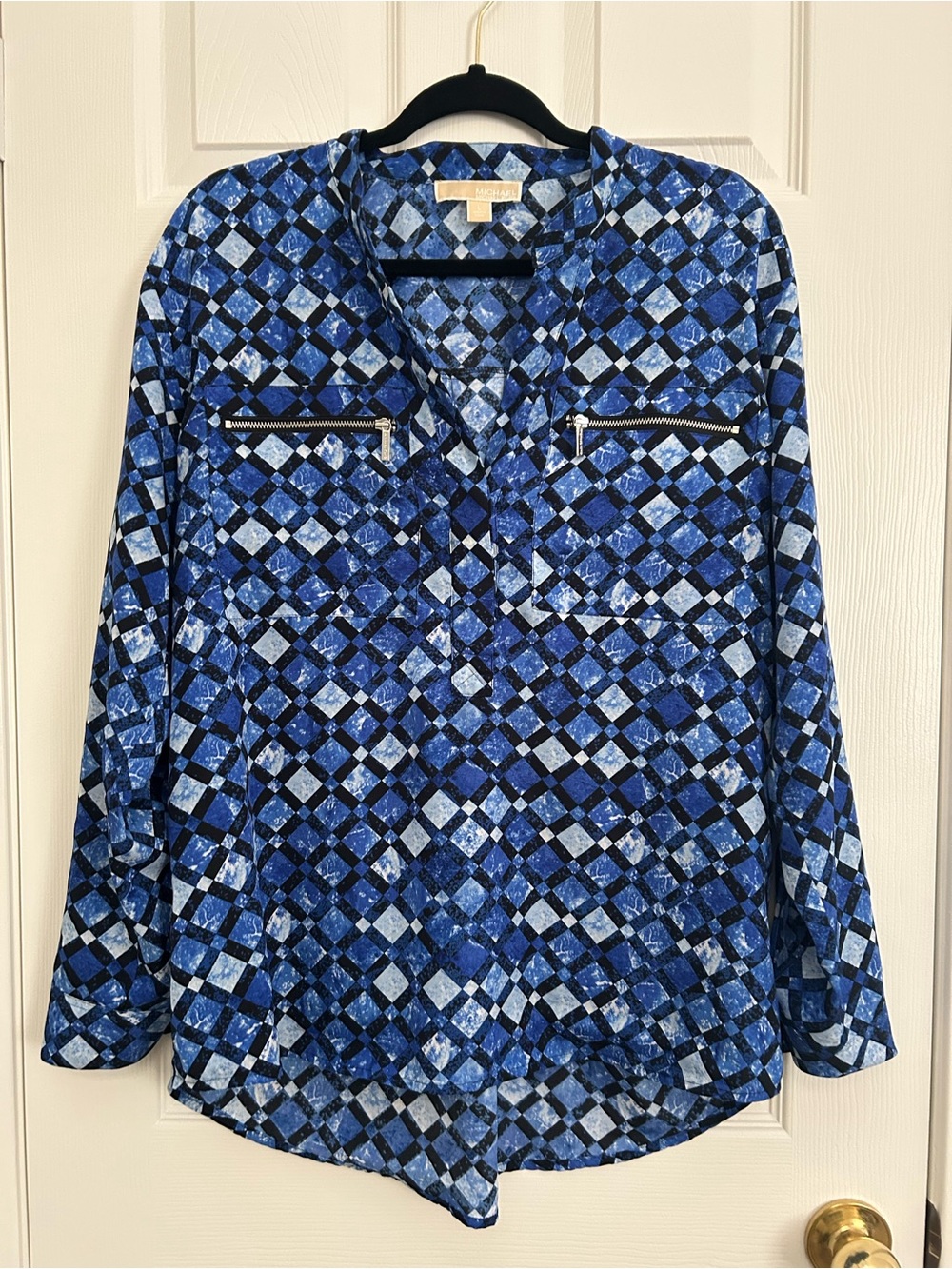 Michael Kors Blue Geometric Print Long-Sleeve Blouse | Size Large